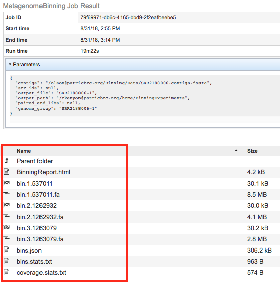 Metagenomic Binning Service Output Files