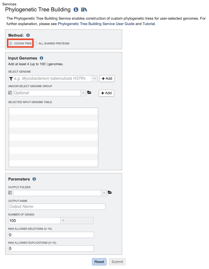 Phylogenetic Tree Input Form - Codon Tree