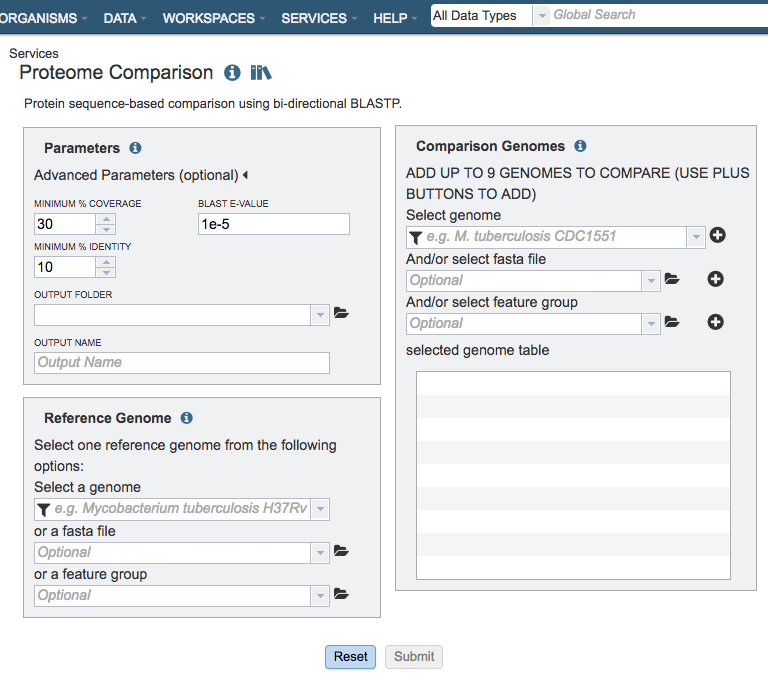 Proteome Comparison Service Input Form